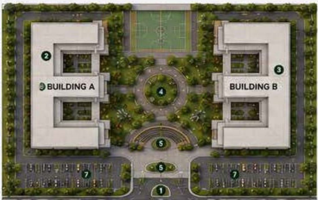 International Institute: site plan with Buildings A and B around the central courtyard